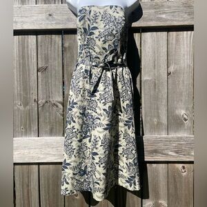 SEV Floral Print Strapless Midi Dress in Cream and Navy